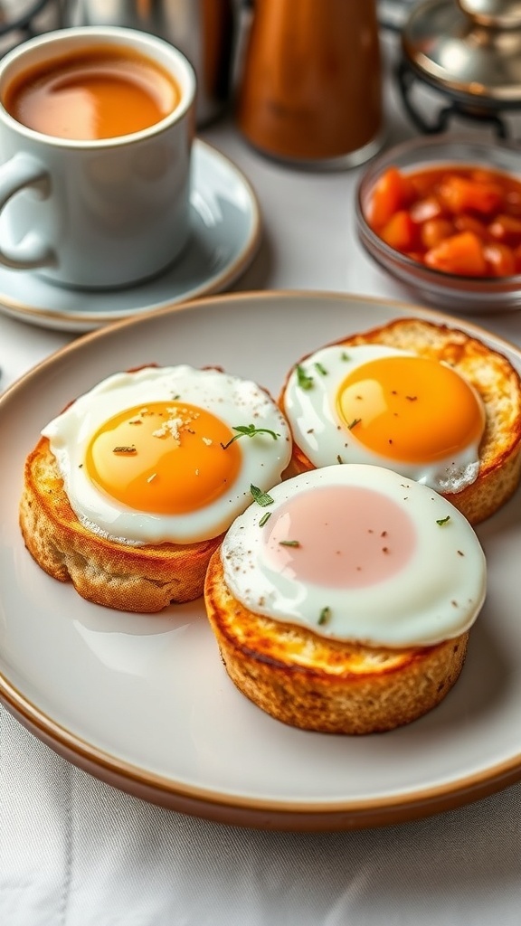 Classic Egg Stand Recipe Egg stand with sunny-side up eggs on toasted bread, garnished with herbs, in a cozy breakfast setting.